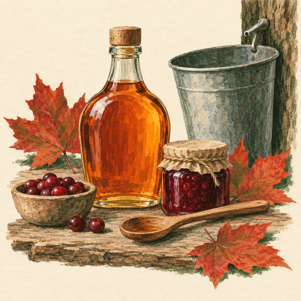 Original Upvote concept of unlabelled syrup bottles, a preserve jar and maple leaves on a kitchen shelf; not the maker’s actual products or studio.