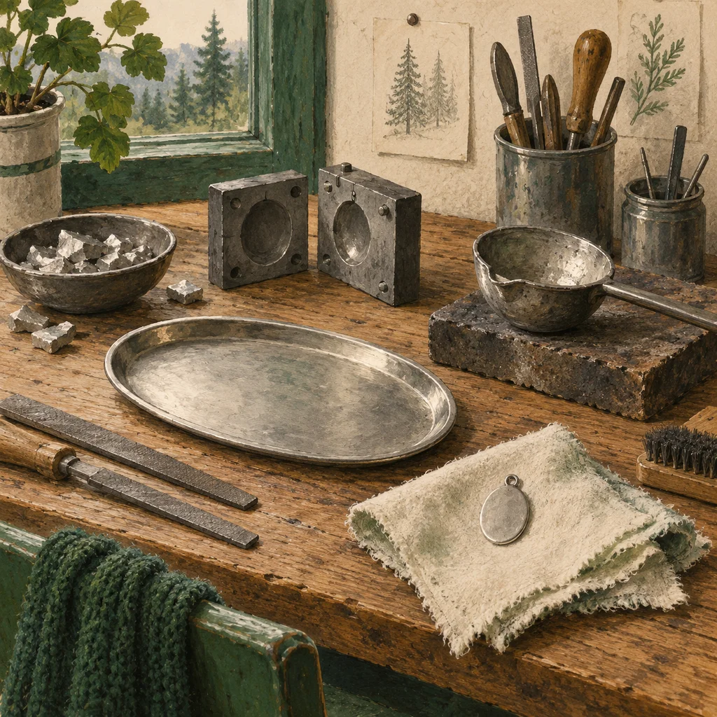 Original Upvote concept of plain pewter casting tools, a simple tray and polishing cloth; not the maker’s actual products or studio.