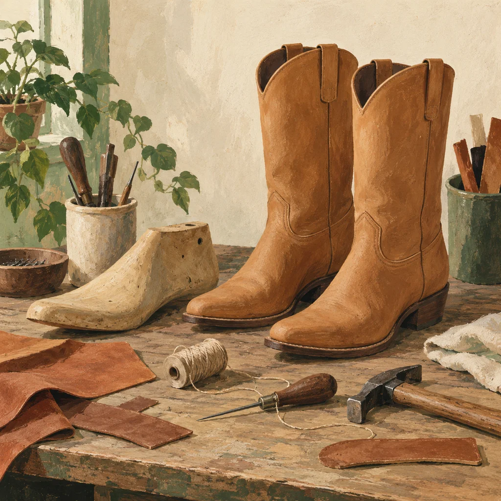 Upvote concept illustration of western boots and custom bootmaking; not the maker’s actual products, artwork or venue.