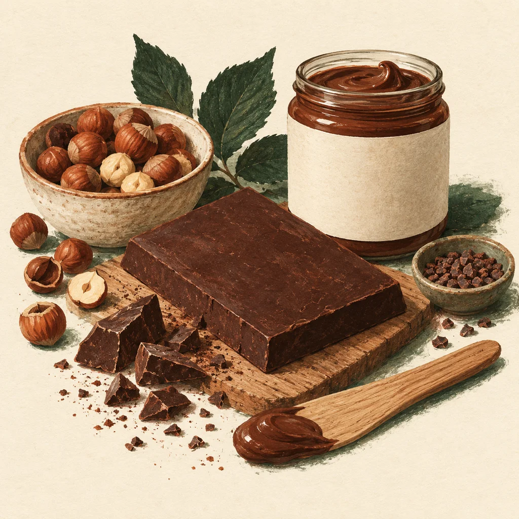 Original concept illustration of unlabelled spread jars, cocoa beans and a plain chocolate bar.