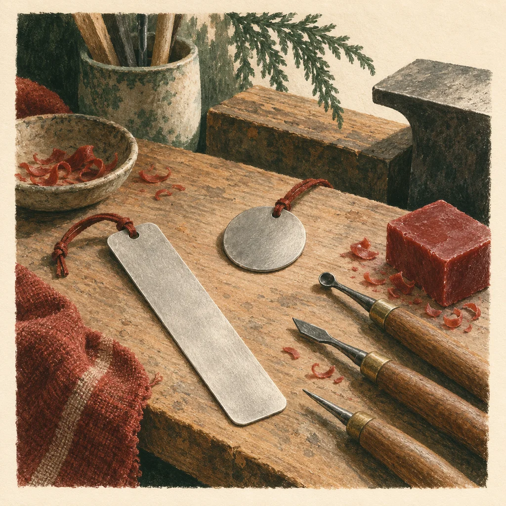 Original Upvote concept of a blank pewter bookmark, simple cast disk, wax block and carving tools; not the maker’s actual products or studio.