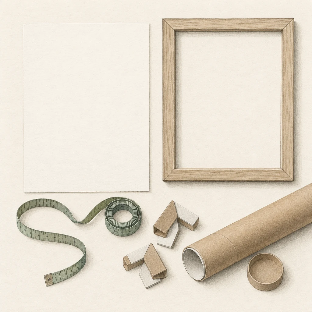 Original Upvote concept of a blank sheet, empty frame, measuring tape and packing materials; not Amy Dixon’s art, prints or studio.