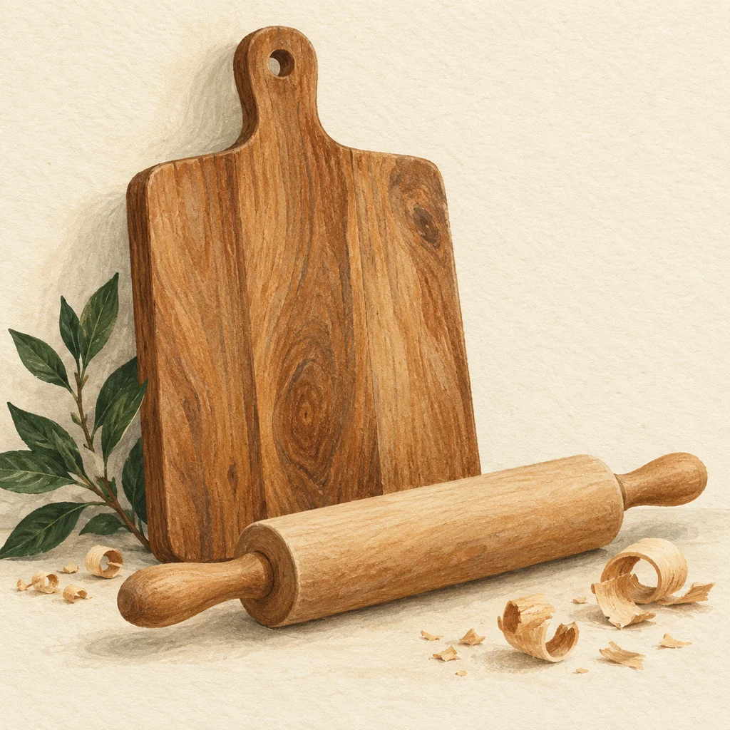 Original concept illustration of plain wood blanks and a simple kitchen mill beside woodworking tools.
