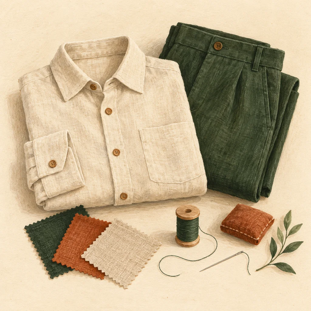 Original concept illustration of plain garment panels, fabric and sewing tools at a studio table.