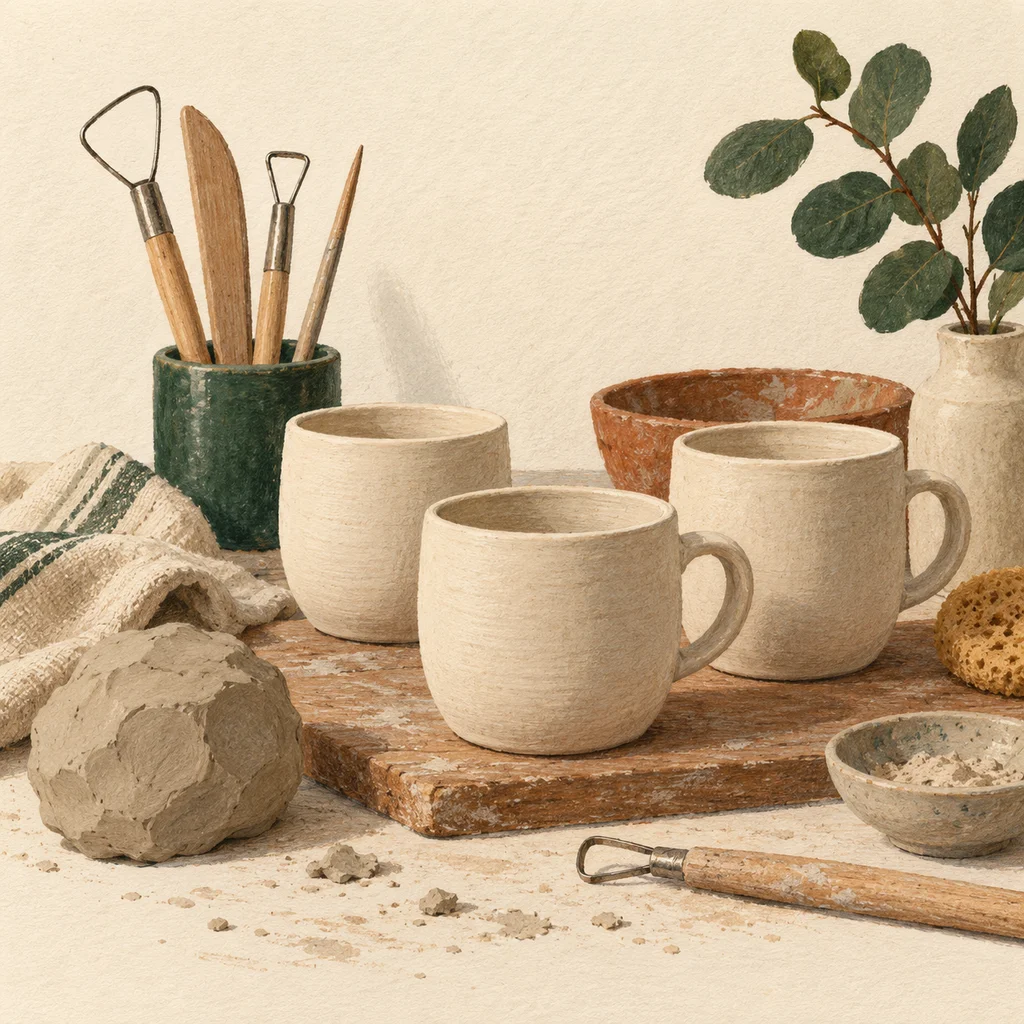 Upvote concept illustration of plain ceramic cups, clay and studio tools; not the actual products or workshop