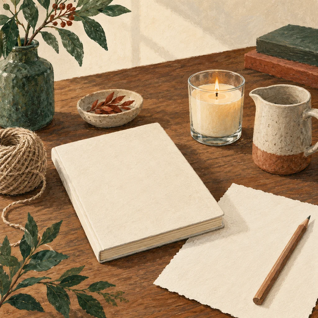Original concept illustration of unmarked notebooks beside a plain candle and pouring tools.
