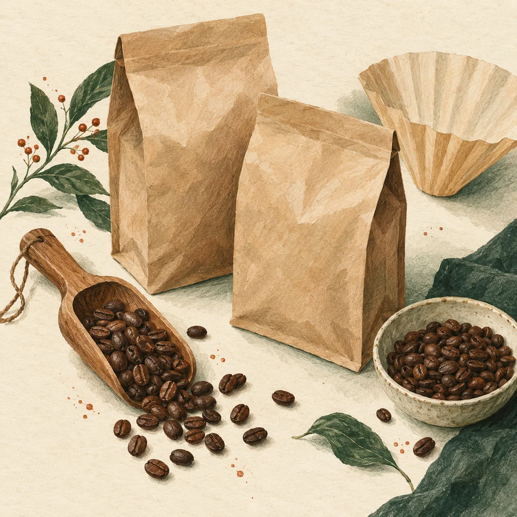 Original Upvote concept of unmarked coffee bags, roasted beans, a scoop and paper filter on cream paper; not the roastery’s packaging or café.