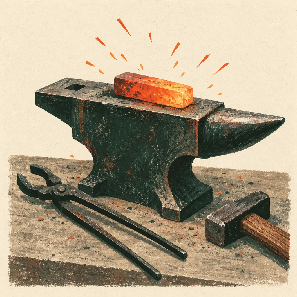 Original Upvote concept of generic forge tools, a plain billet and abstract sparks; not Black Cat Metal’s actual knives or studio.