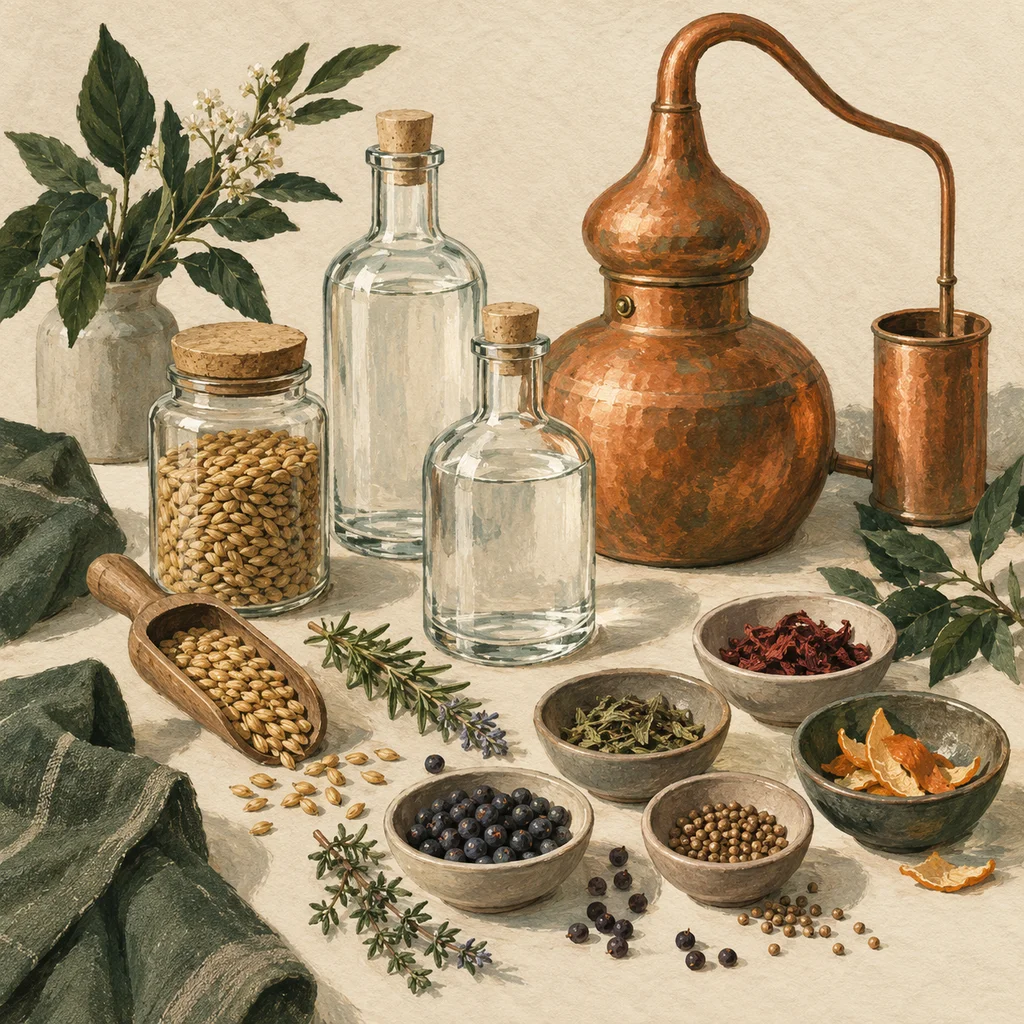 Original Upvote concept of unmarked spirit bottles, a small copper distilling vessel, grain and plain botanical bowls on cream paper; not the distillery’s products or labels.
