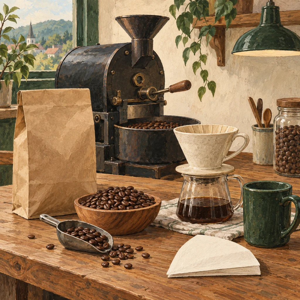 Original Upvote concept of an unlabelled coffee bag, beans, a small roaster and a pour-over brewer; not the maker’s actual products or studio.