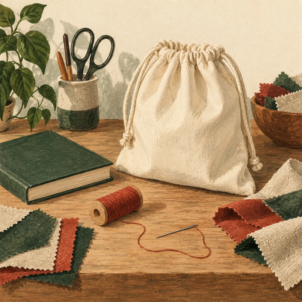 Original concept illustration of a plain canvas bag, thread spools and a closed craft book.