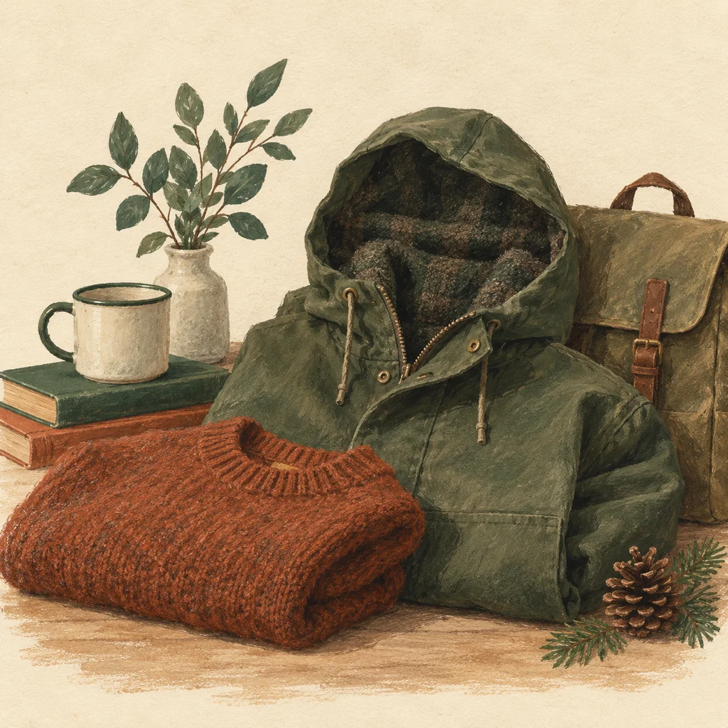Upvote concept illustration of plain hooded outerwear, wool and canvas; not the actual products or workshop