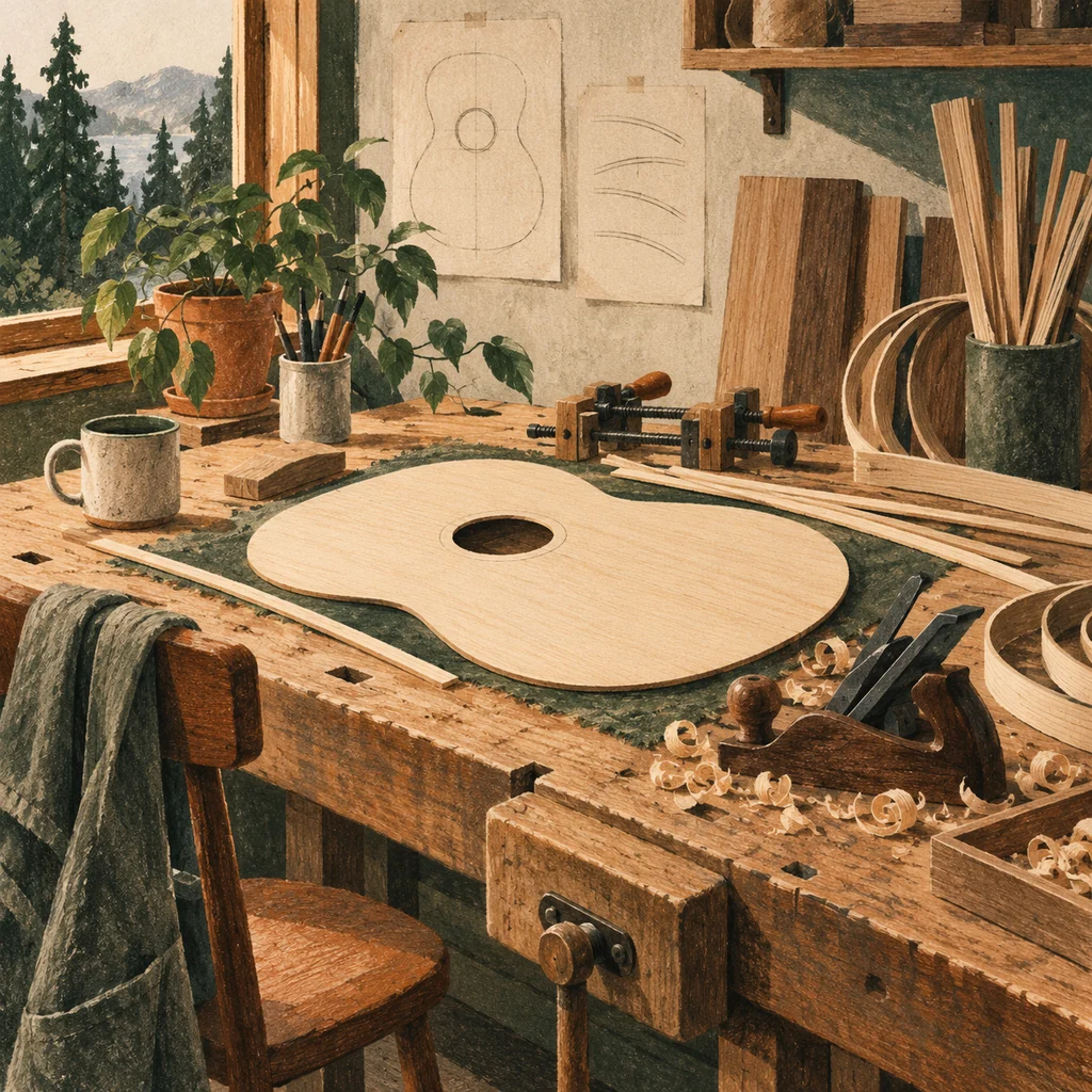 Original Upvote concept of unfinished wood, a plain soundboard blank and clamps; not a Boucher guitar or workshop.
