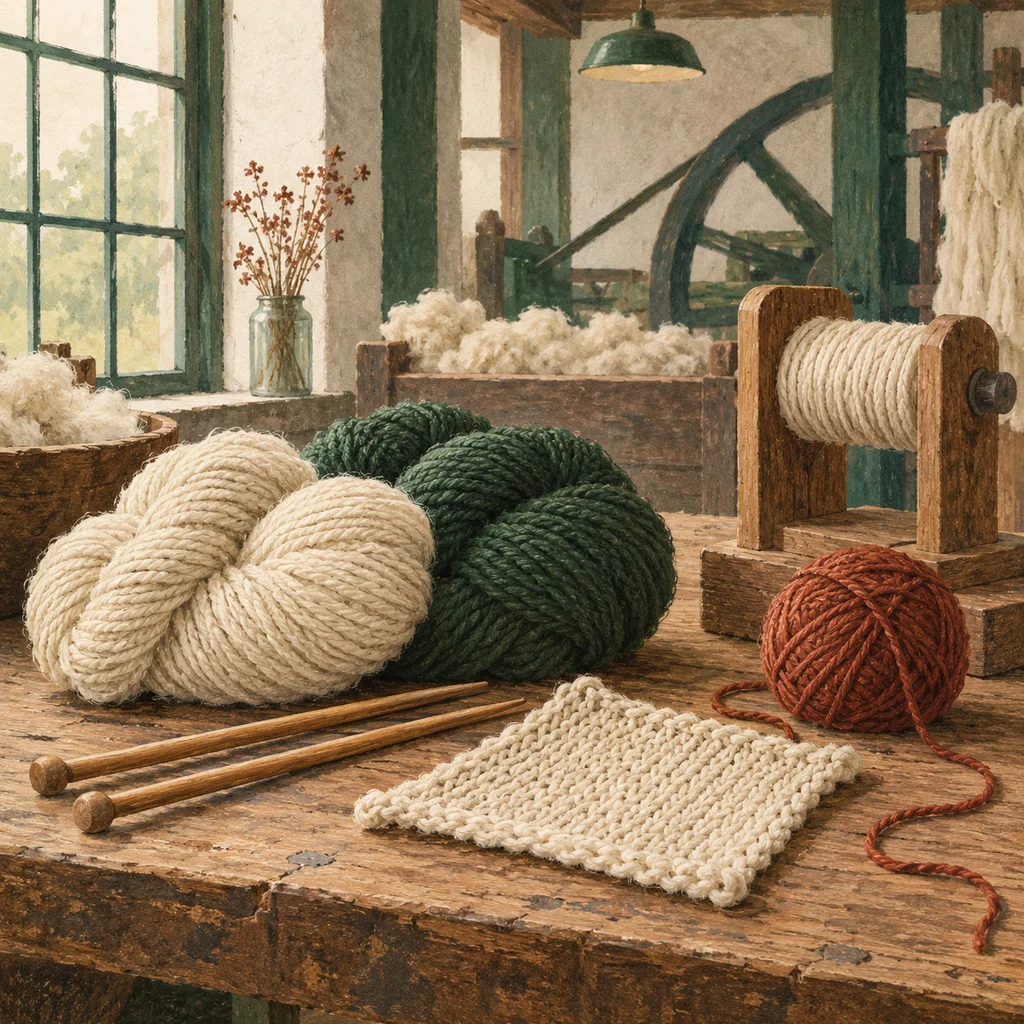 Original Upvote concept of plain wool skeins, knitting needles and a small mill workbench; not the maker’s actual products or studio.