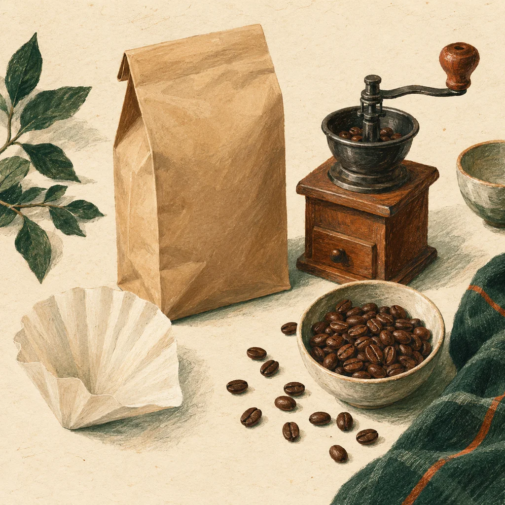 Original Upvote concept of a plain coffee bag, roasted beans, a hand grinder and a paper filter on cream paper; not the roastery’s packaging or former cafés.