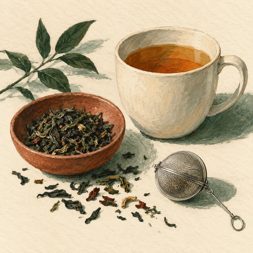 Upvote concept illustration of loose tea, a plain cup and an infuser; not the actual products or workshop