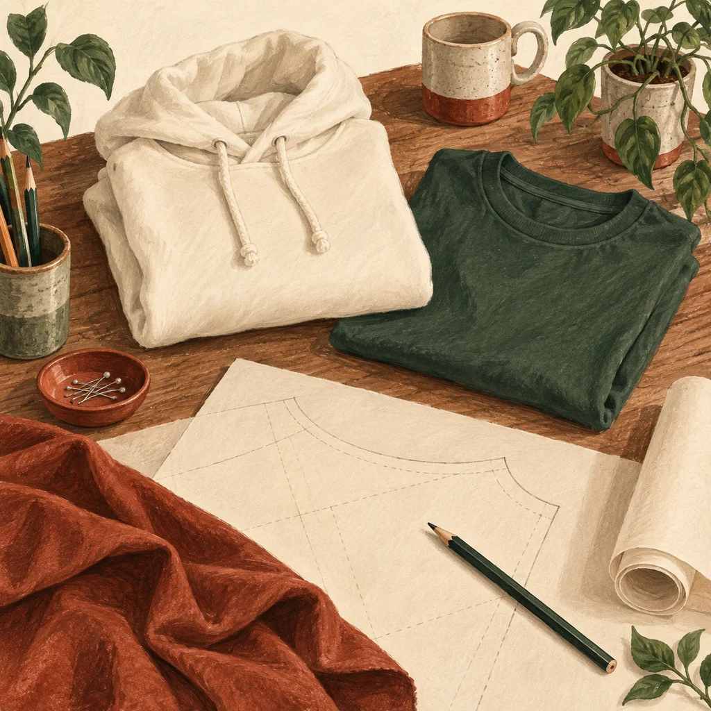 Upvote concept illustration of fleece and graphic clothing; not the maker’s actual products, artwork or venue.
