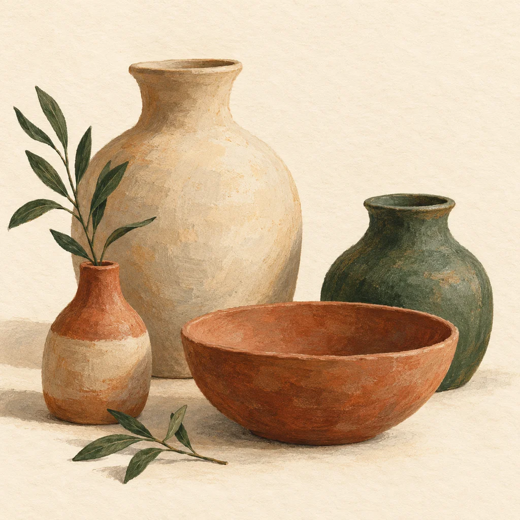 Upvote concept illustration of plain hand-built clay vessels and a bowl; not the actual products or workshop