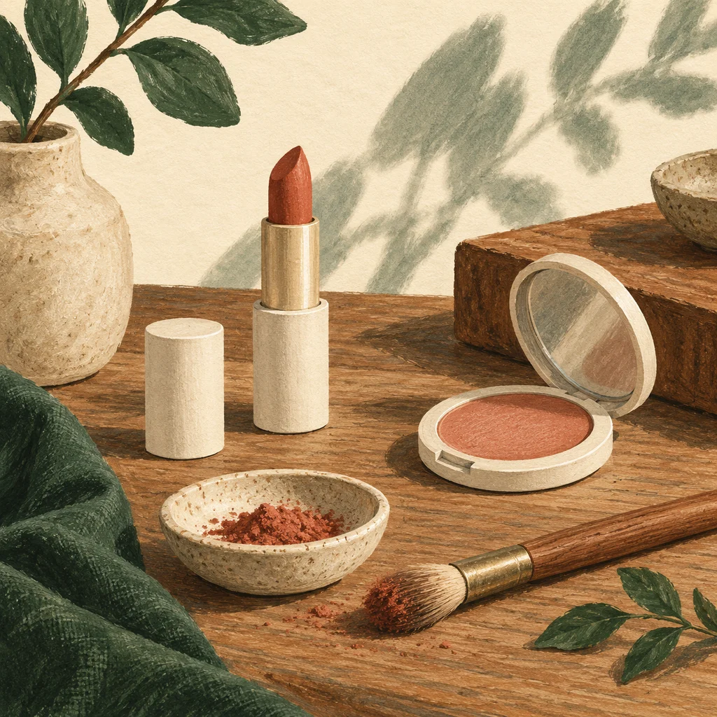 Original concept illustration of unlabelled lipstick components and a plain cosmetic pencil.