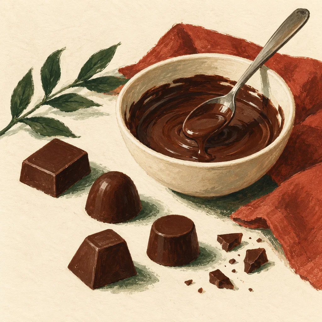 Upvote concept illustration of plain chocolate pieces and melted chocolate; not the actual products or workshop
