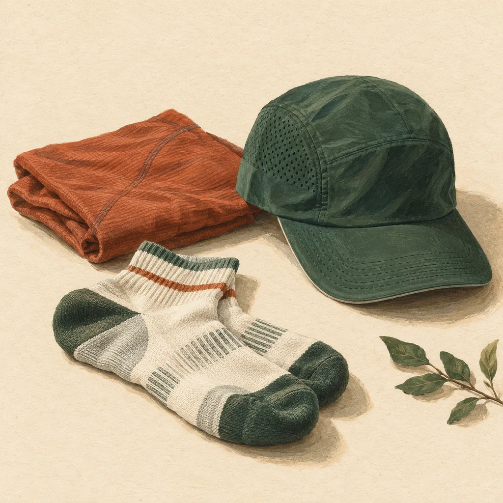 Original concept illustration of plain running caps and unbranded textile panels on a work table.