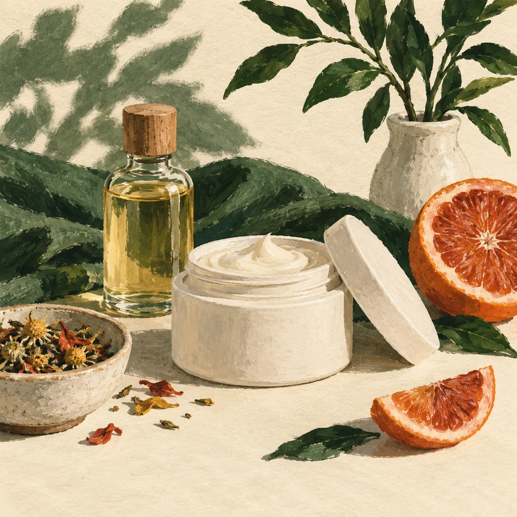 Upvote concept illustration of a plain cosmetic jar, bottle and fruit accents; not the actual products or workshop