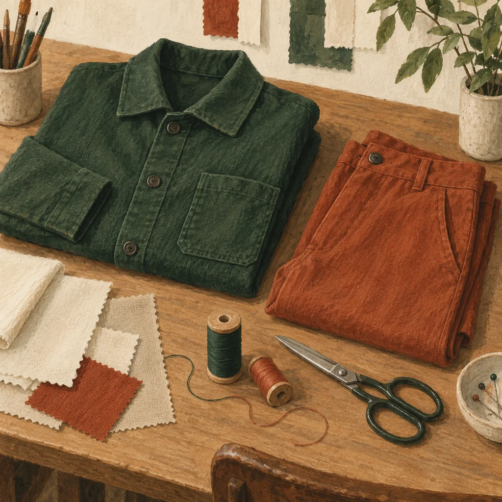 Upvote concept illustration of a plain jacket, trousers and fabric swatches; not the actual products or workshop