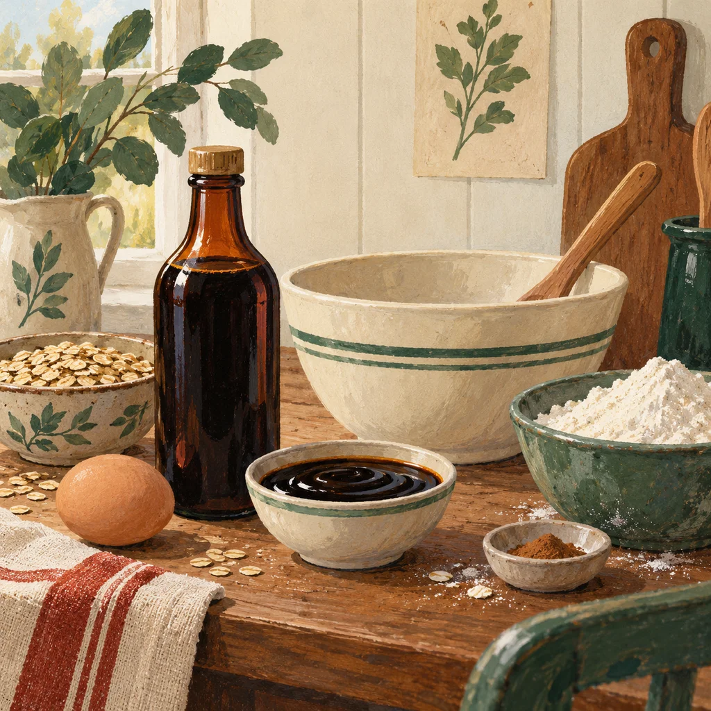 Original Upvote concept of an unlabelled molasses bottle, baking ingredients and a mixing bowl; not the maker’s actual products or studio.