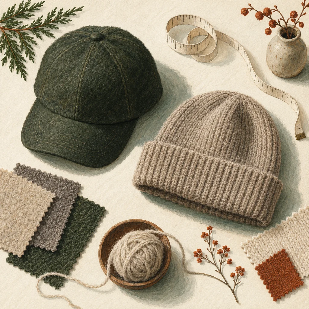 Original Upvote concept of a plain wool cap, a simple knit beanie, wool swatches and a measuring tape on cream paper; not the brand’s actual hats or patterns.