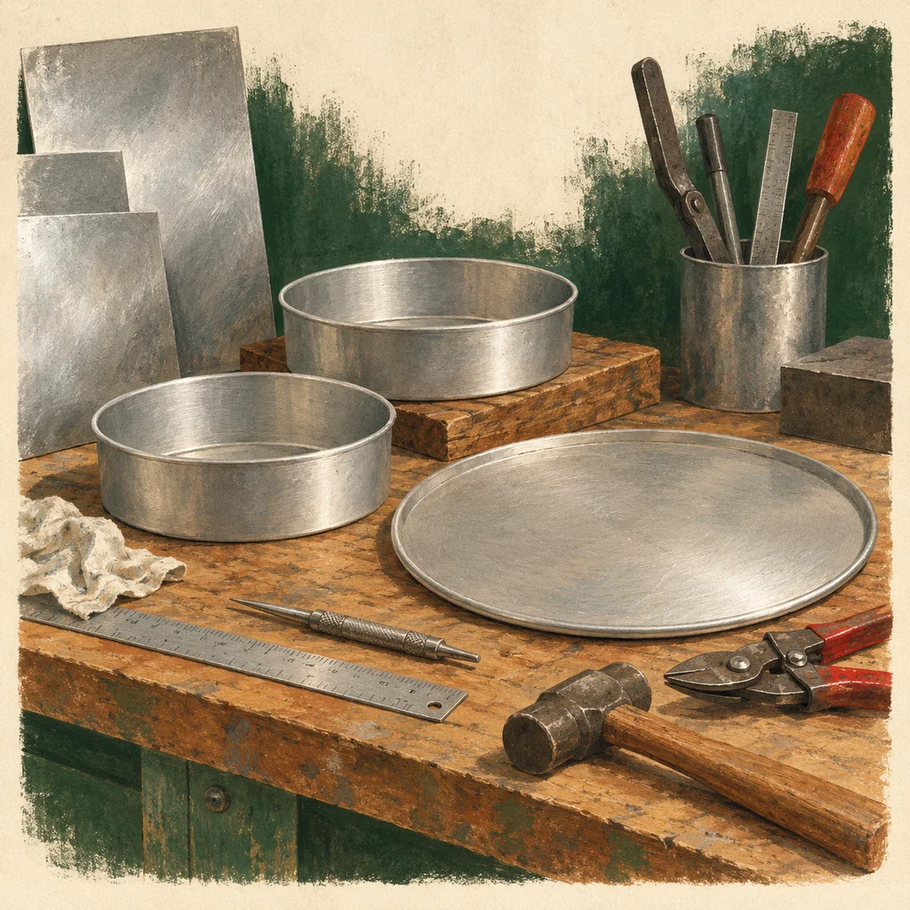 Original concept illustration of plain aluminum baking pans and metal-spinning tools.