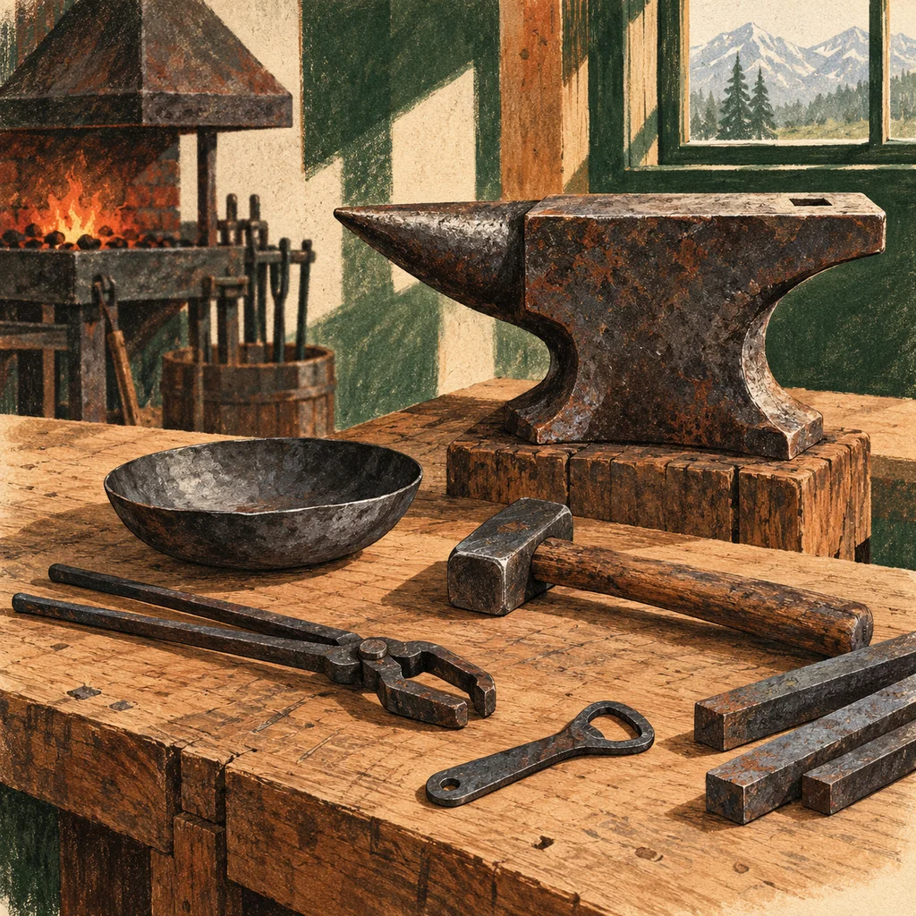 Upvote concept illustration of generic blacksmith tools, a plain iron bowl and workbench; not Daelen’s actual work or forge.