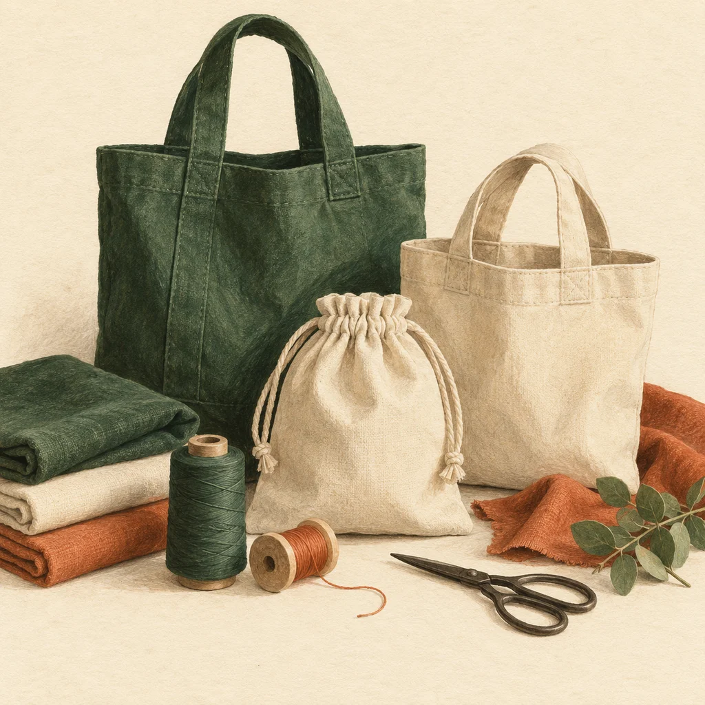 Upvote concept illustration of plain sewn bags, fabric and thread; not the actual products or workshop