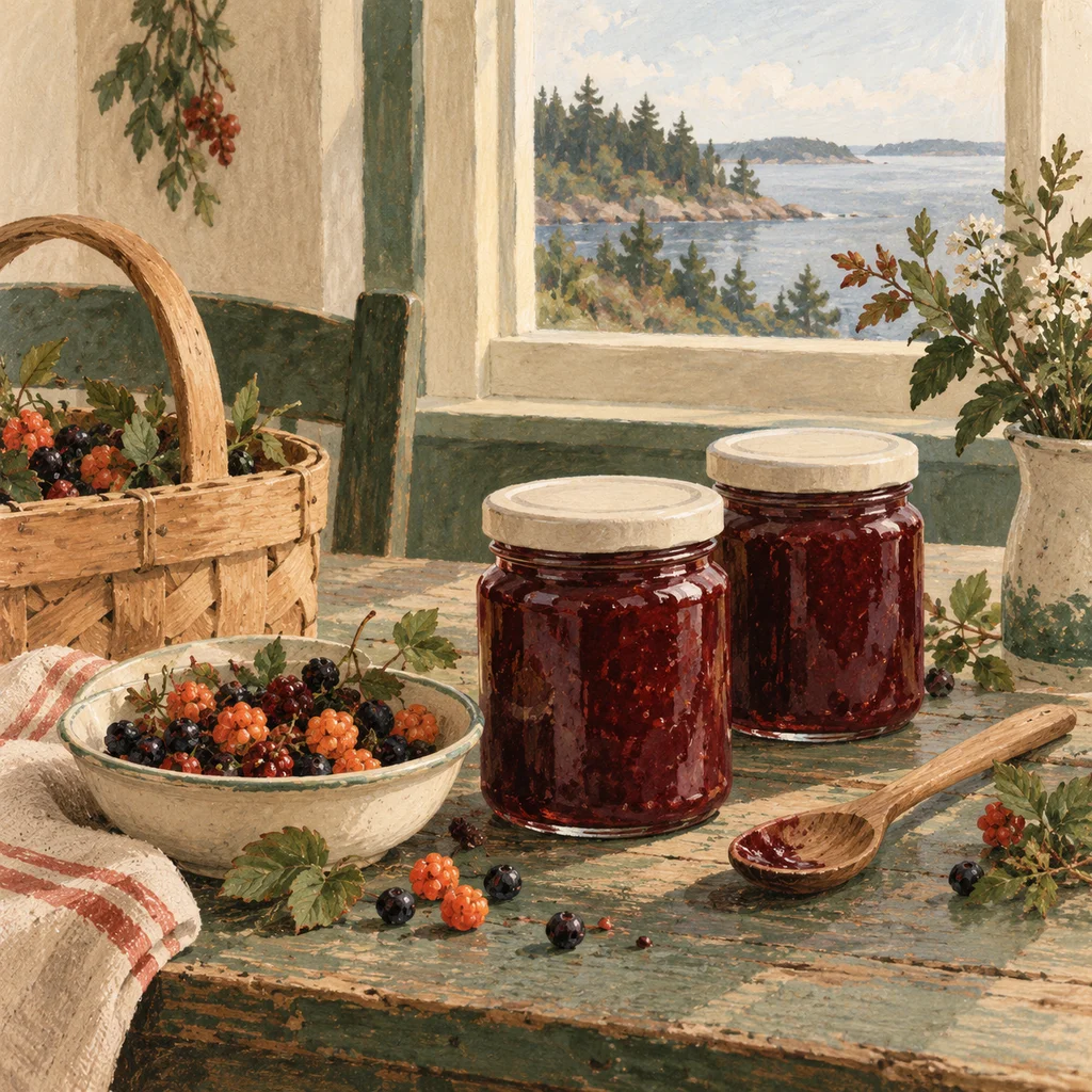 Original Upvote concept of plain preserve jars, small berries and a harvest basket on a coastal worktable; not the maker’s actual products or studio.