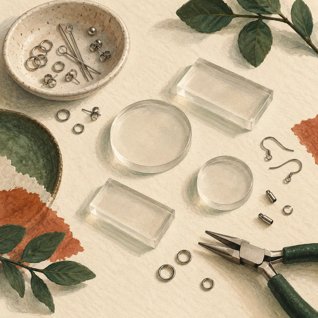 Original Upvote concept of plain translucent resin shapes, simple metal findings and jewellery pliers on cream paper; not the maker’s actual earrings or designs.