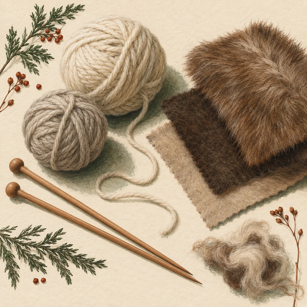 Original Upvote concept of neutral wool yarn, plain fur-material swatches and knitting needles on cream paper; not actual garments, cultural designs or the makers’ studio.