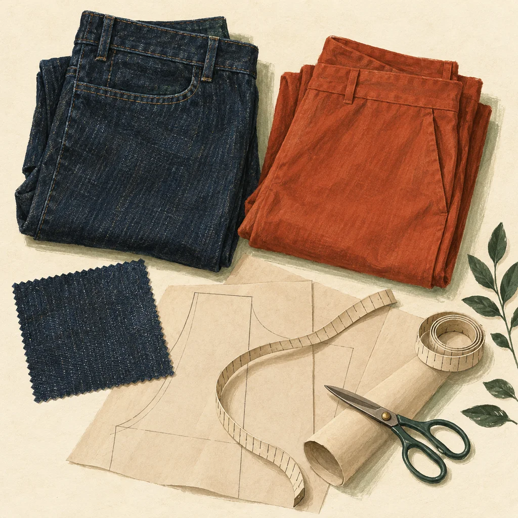 Upvote concept illustration of stretch denim and everyday trousers; not the maker’s actual products, artwork or venue.