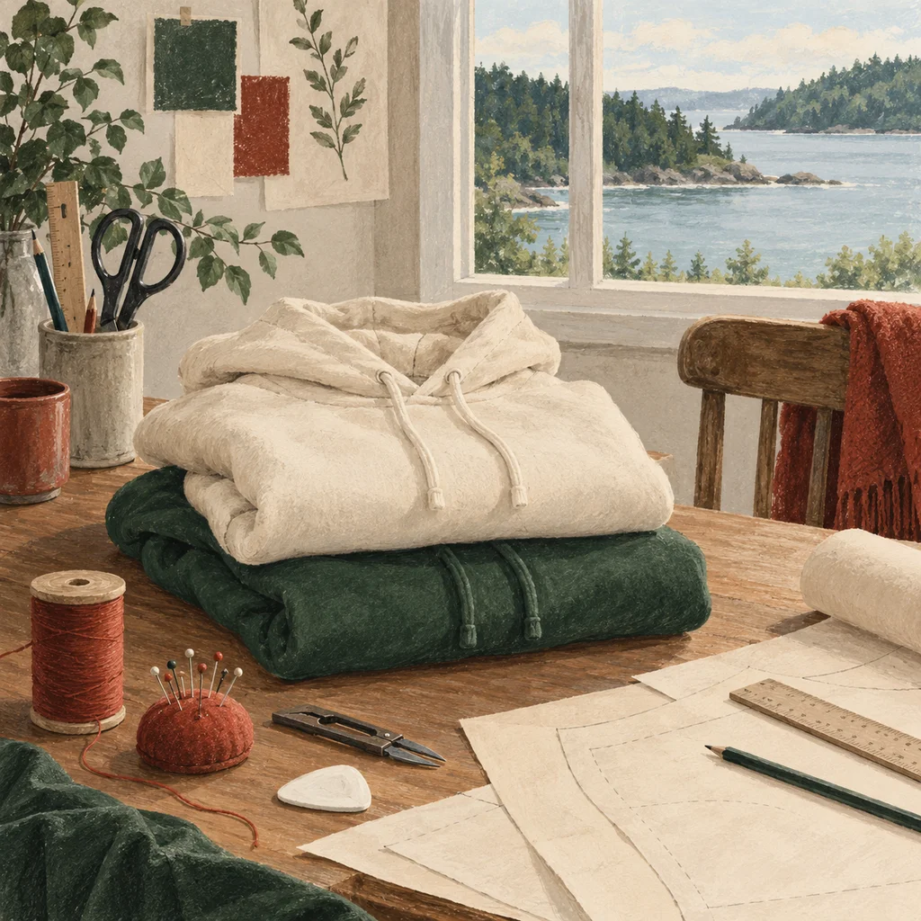 Original Upvote concept of plain folded hoodies, a sewing table and a coastal window; not the maker’s actual products or studio.