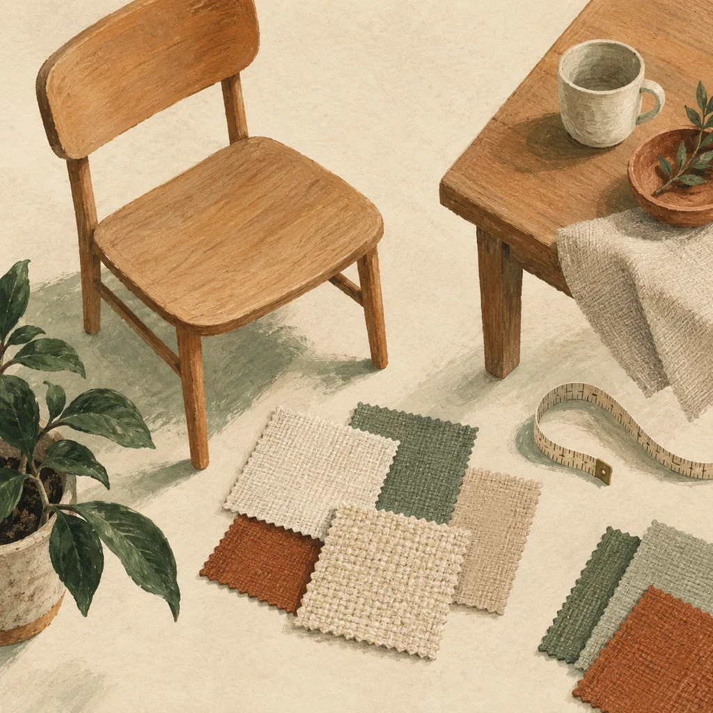 Original Upvote concept of upholstery swatches, a plain chair, a simple wooden tabletop and a measuring tape on cream paper; not EQ3’s actual furniture designs.