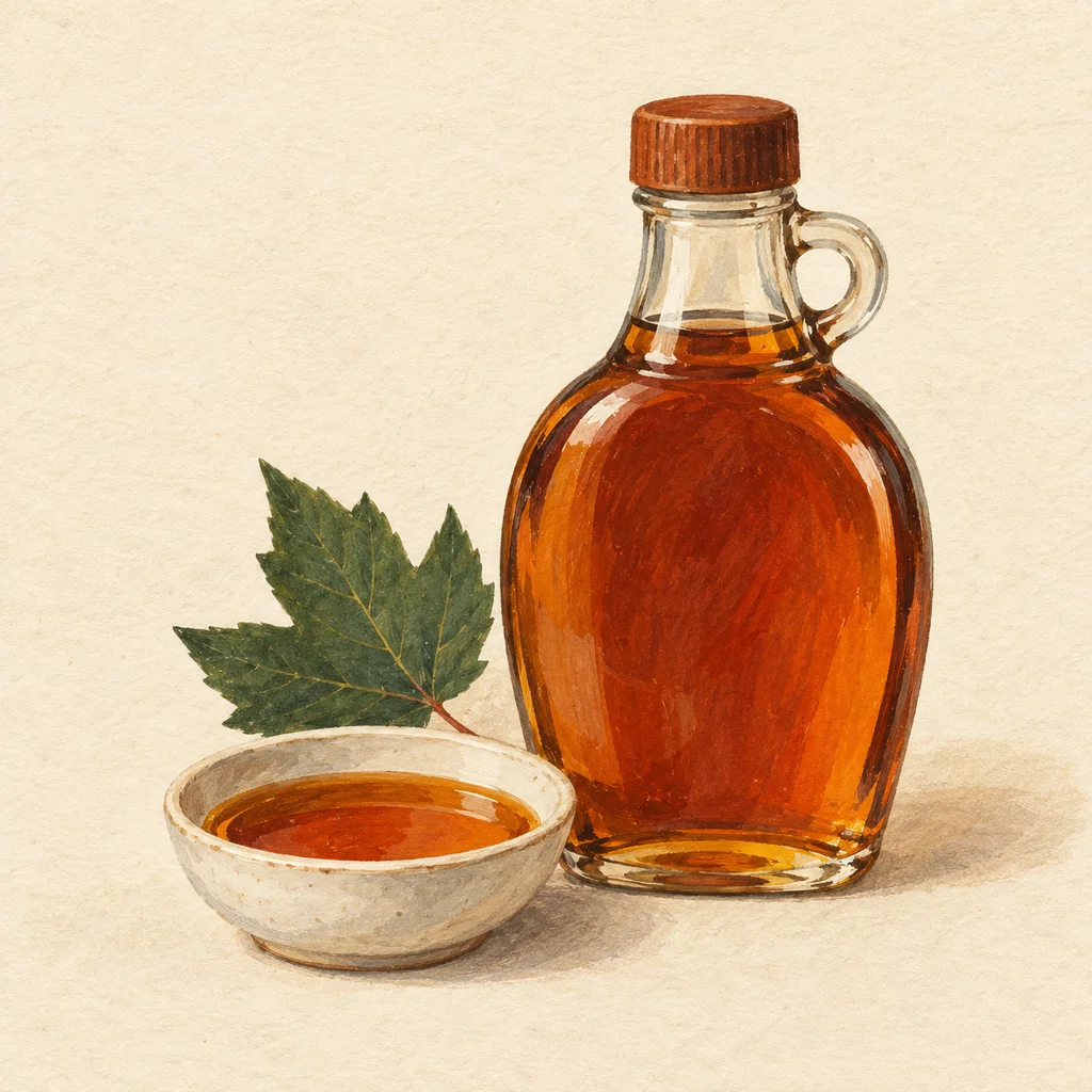 Original concept illustration of a maple-sap bucket, unlabelled syrup bottles and simple sugar-bush tools.