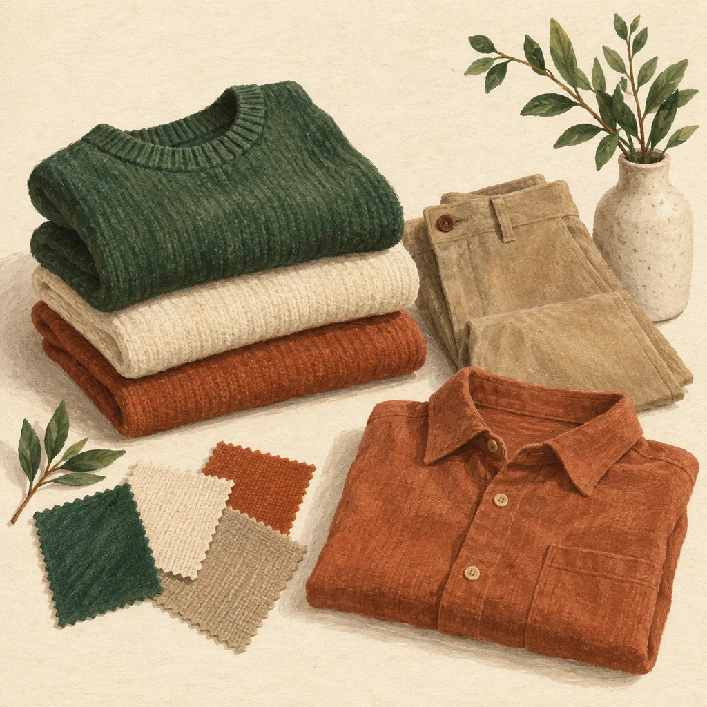 Upvote concept illustration of plain clothing separates and fabric swatches; not the actual products or workshop