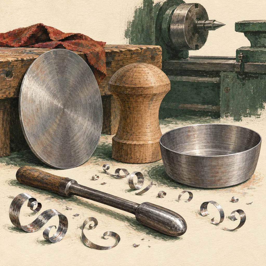 Upvote concept study of a steel blank, wooden forming tool and unfinished pan; not the maker’s actual setup.