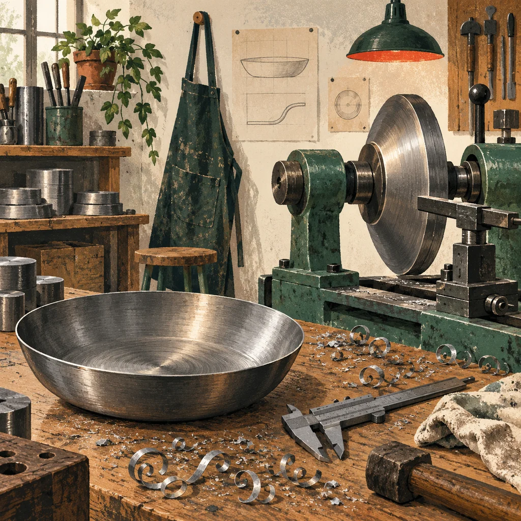 Upvote concept illustration of metal-spun cookware; not the actual work or venue