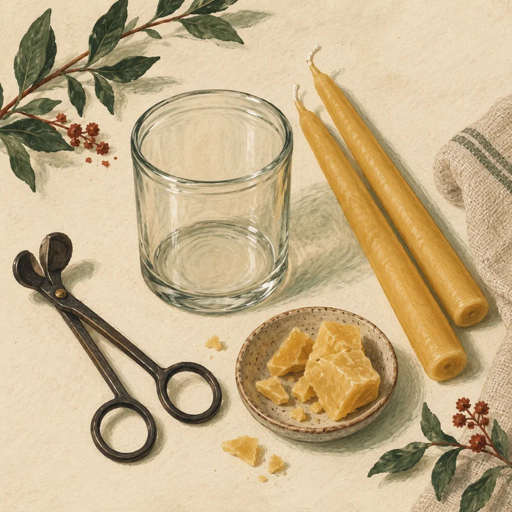 Original Upvote concept of an unmarked candle jar, plain beeswax tapers, wax pieces and wick scissors on cream paper; not the maker’s actual vessels, sculptural designs or shop.
