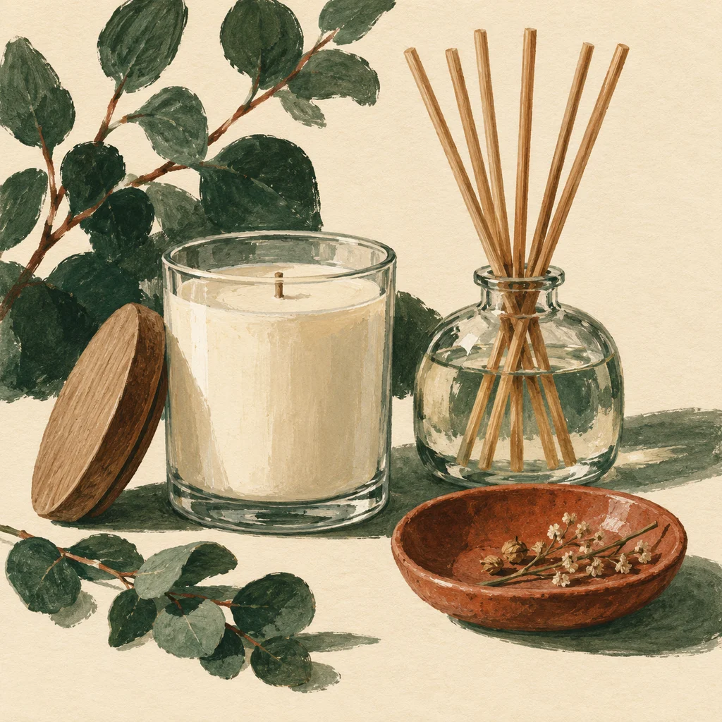 Upvote concept illustration of a plain unlit candle jar and reed diffuser; not the actual products or workshop