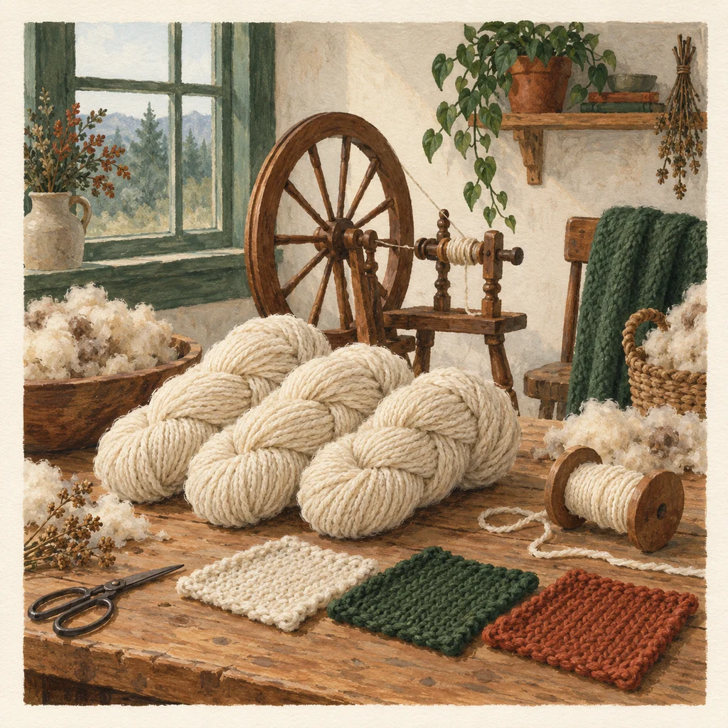 Original Upvote concept of undyed yarn skeins, a small spinning setup and colour swatches; not the maker’s actual products or studio.