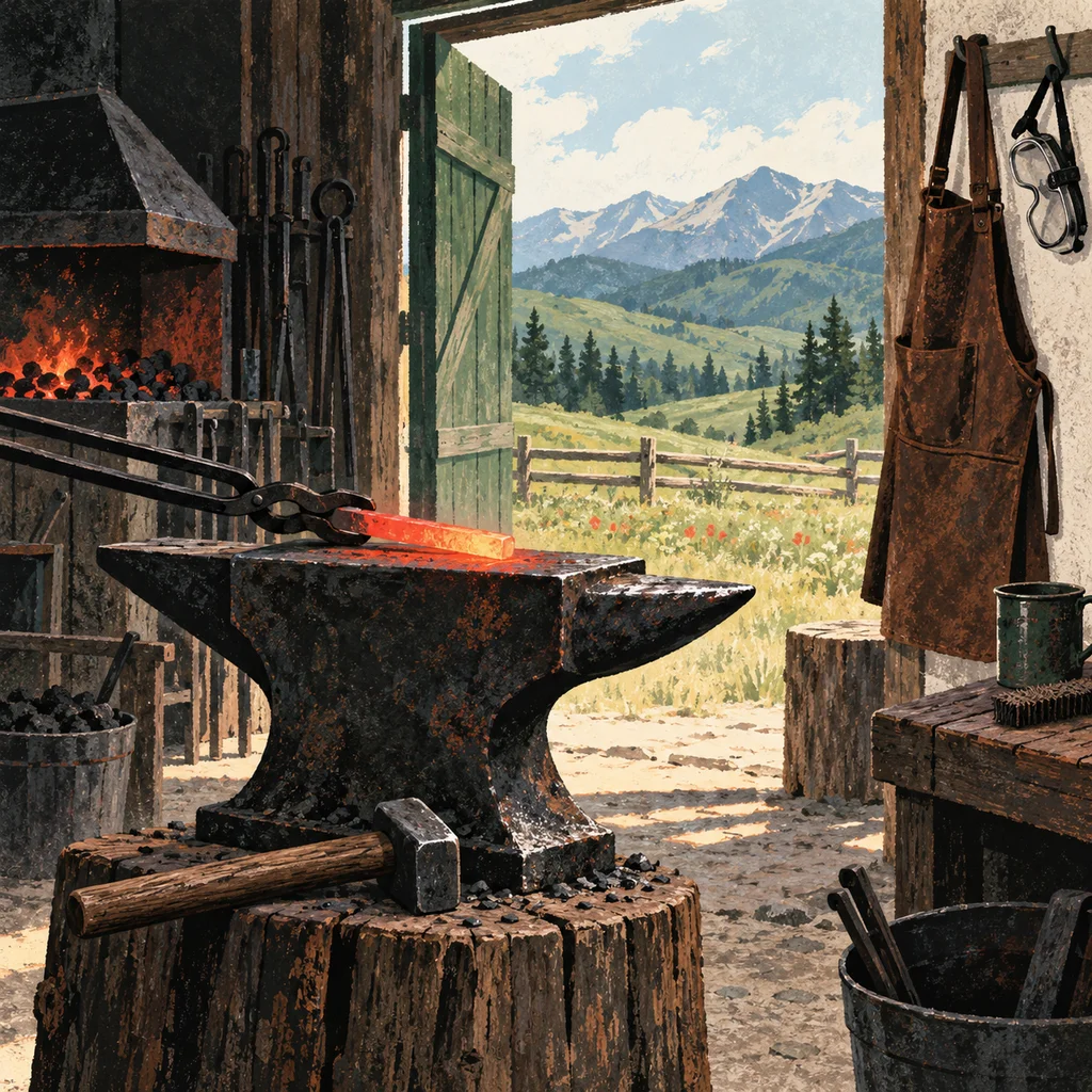 Upvote concept illustration of blacksmithing classes and guild; not the actual work or venue