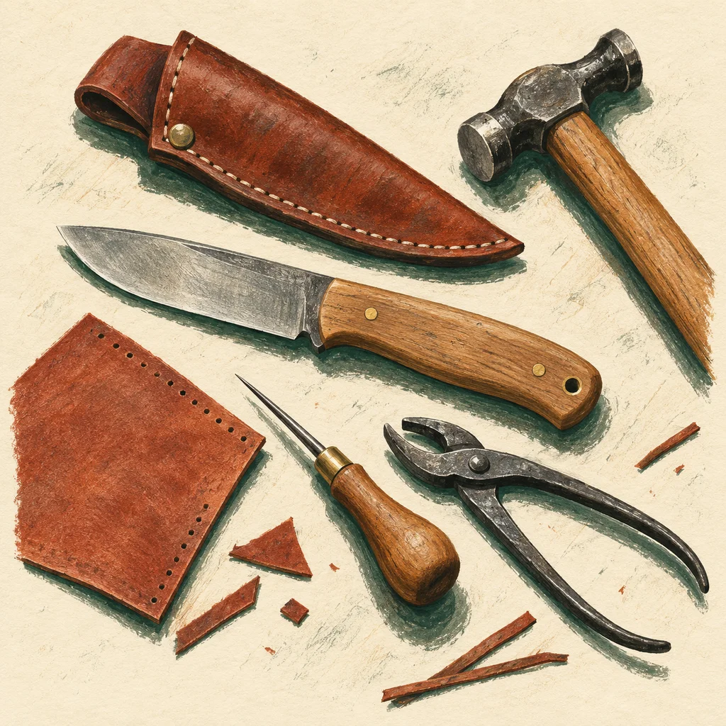 Original Upvote concept art of a generic knife, leather sheath and workshop tools; not Brent's actual products or workshop