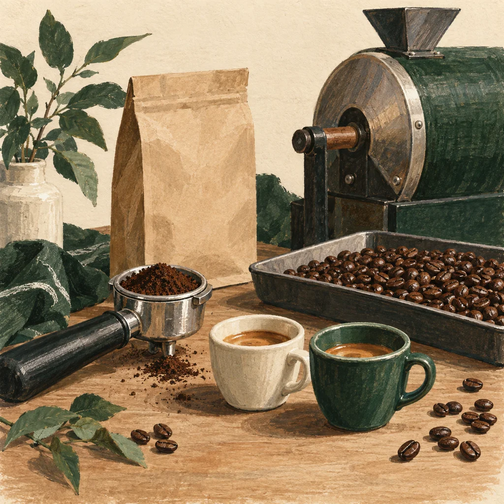 Upvote concept illustration of coffee roasting and espresso blends; not the maker’s actual products, artwork or venue.