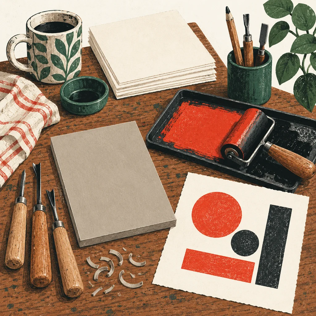 Upvote concept illustration of relief prints and illustration; not the actual work or venue