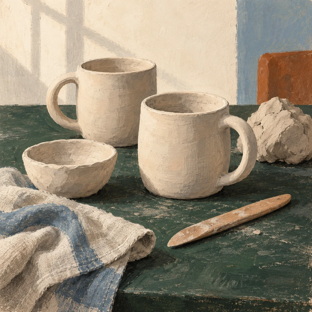 Original Upvote concept of undecorated clay mug and bowl blanks with simple pottery tools; not Galliott artwork or its studio.